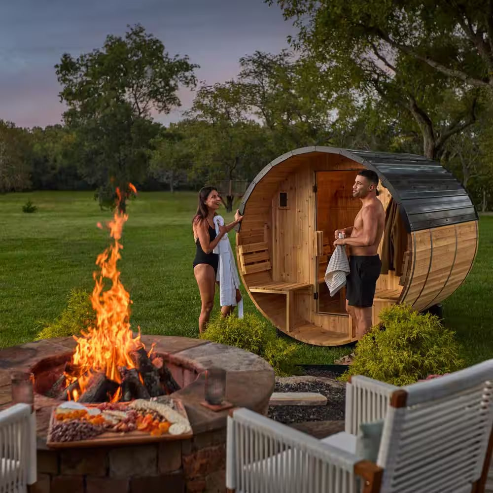 Paxton 4-Person Outdoor Cedar Traditional Wet/Dry Barrel Sauna with Porch, 9Kw Electric Heater, Wi-Fi, LED Lights
