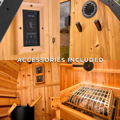 Paxton 4-Person Outdoor Cedar Traditional Wet/Dry Barrel Sauna with Porch, 9Kw Electric Heater, Wi-Fi, LED Lights