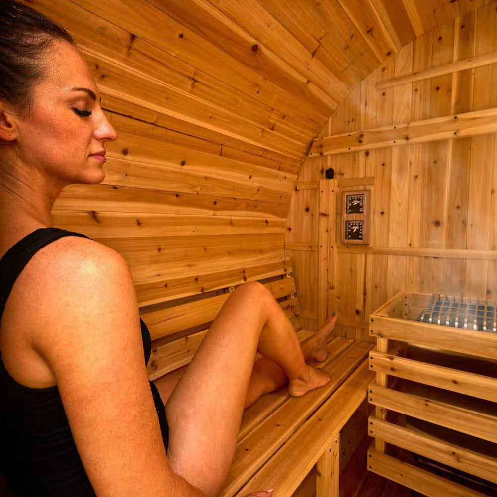 Paxton 4-Person Outdoor Cedar Traditional Wet/Dry Barrel Sauna with Porch, 9Kw Electric Heater, Wi-Fi, LED Lights