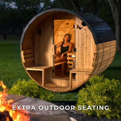 Paxton 4-Person Outdoor Cedar Traditional Wet/Dry Barrel Sauna with Porch, 9Kw Electric Heater, Wi-Fi, LED Lights