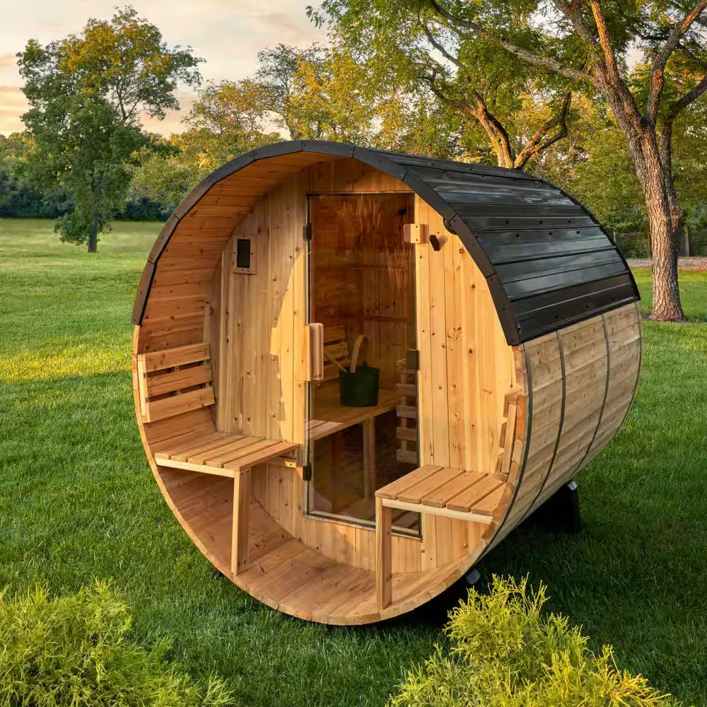 Paxton 4-Person Outdoor Cedar Traditional Wet/Dry Barrel Sauna with Porch, 9Kw Electric Heater, Wi-Fi, LED Lights