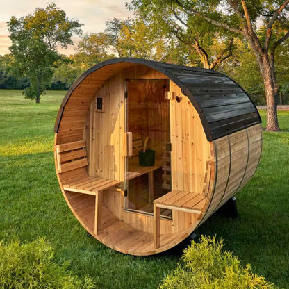 Paxton 4-Person Outdoor Cedar Traditional Wet/Dry Barrel Sauna with Porch, 9Kw Electric Heater, Wi-Fi, LED Lights
