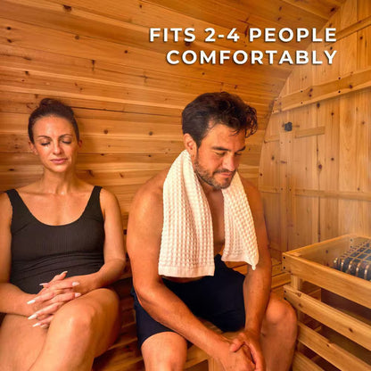 Paxton 4-Person Outdoor Cedar Traditional Wet/Dry Barrel Sauna with Porch, 9Kw Electric Heater, Wi-Fi, LED Lights