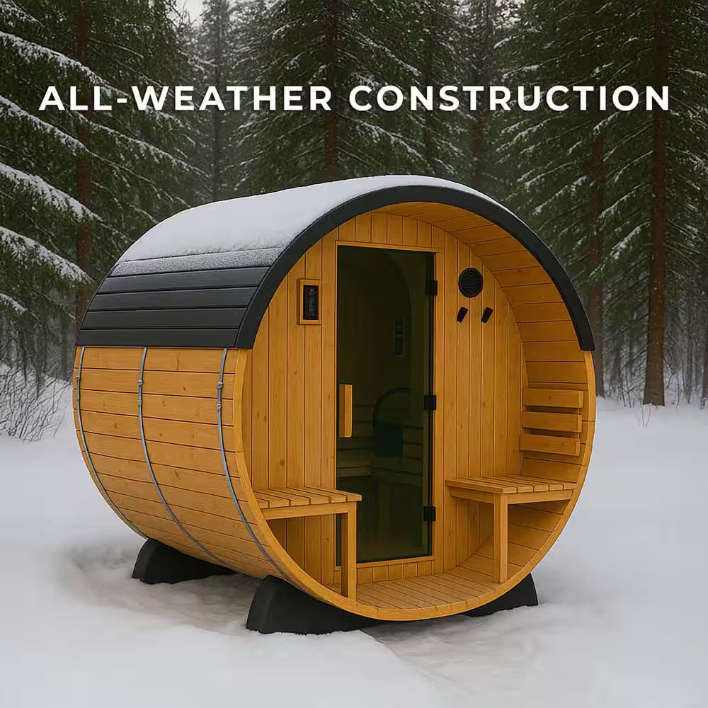 Paxton 4-Person Outdoor Cedar Traditional Wet/Dry Barrel Sauna with Porch, 9Kw Electric Heater, Wi-Fi, LED Lights