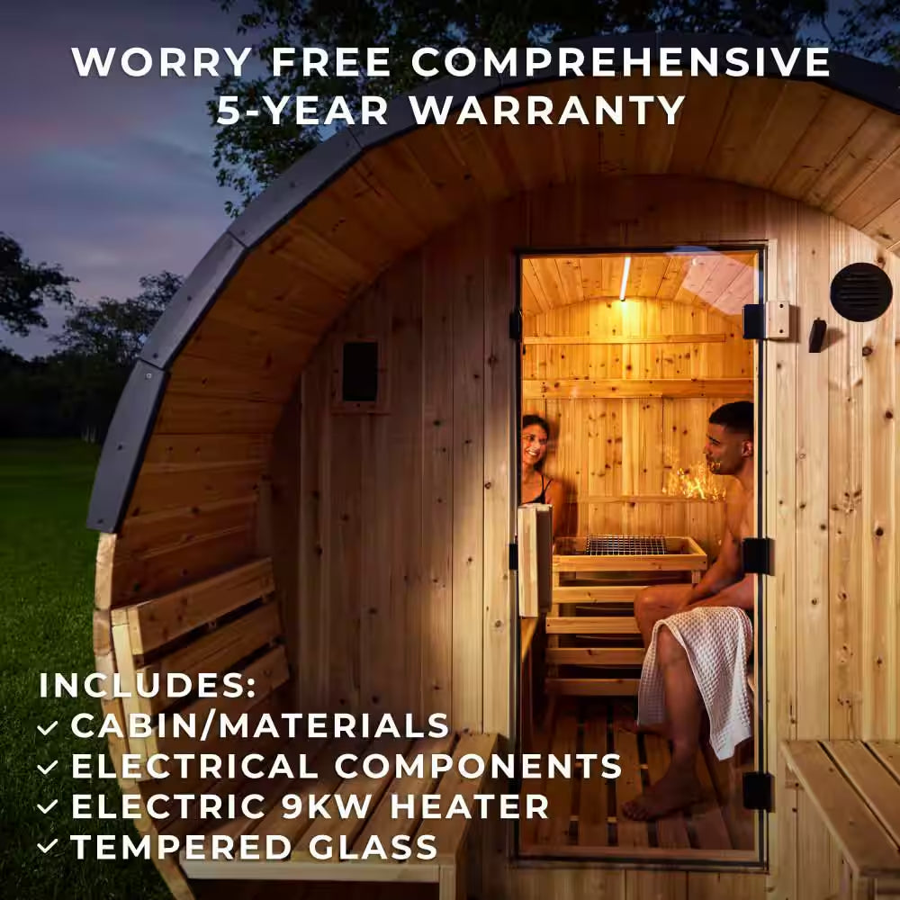Paxton 4-Person Outdoor Cedar Traditional Wet/Dry Barrel Sauna with Porch, 9Kw Electric Heater, Wi-Fi, LED Lights