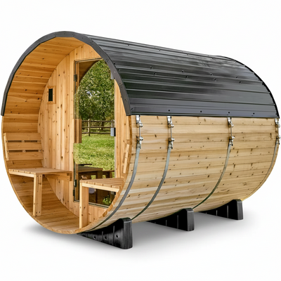 Paxton 4-6 Person Traditional Cedar Outdoor Barrel Sauna with Electric Sauna Heater, Front Porch, Sauna Rocks, Dry Heat, Steam Sauna, LED Lights, Wi-Fi Panel, Sauna Accessories